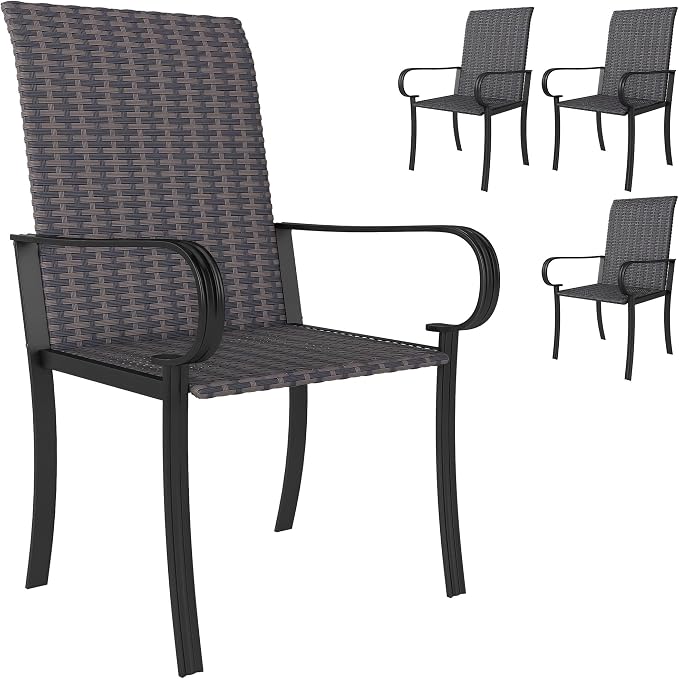 Outsunny Set of 4 Outdoor Wicker Dining Chairs, All-Weather Rattan Armchairs with Armrests, Steel Frame, Highback and Deep Seating, for Garden, Patio, Deck, Yard, Poolside, Brown by Outsunny