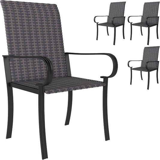Outsunny Set of 4 Outdoor Wicker Dining Chairs, All-Weather Rattan Armchairs with Armrests, Steel Frame, Highback and Deep Seating, for Garden, Patio, Deck, Yard, Poolside, Brown by Outsunny