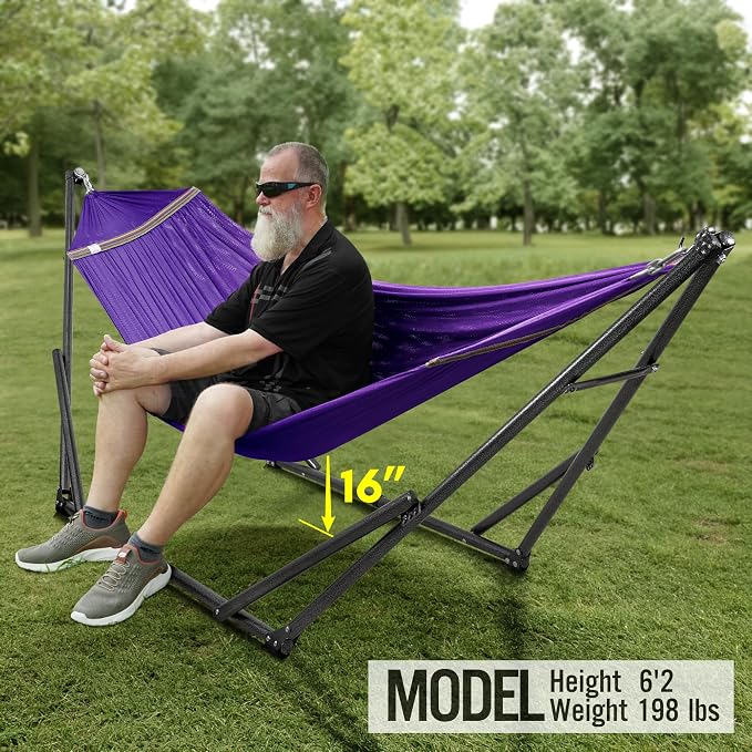 Tranquillo Universal Double Hammock with Stand Included for 2 Persons/Foldable Hammock Stand 600 lbs Capacity Portable Case - Inhouse, Outdoor, Camping, Purple - Image 9