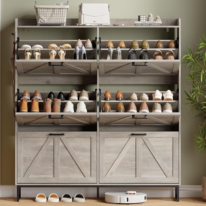 Shoe Cabinet with 6 Flip Drawers, Freestanding Hidden Shoe Storage Organizer for Entryway, Narrow Slim Shoe Rack Cabinet with Open Storage & Hooks for Front Door Entrance, Living Room, Hallway, Grey - Image 7