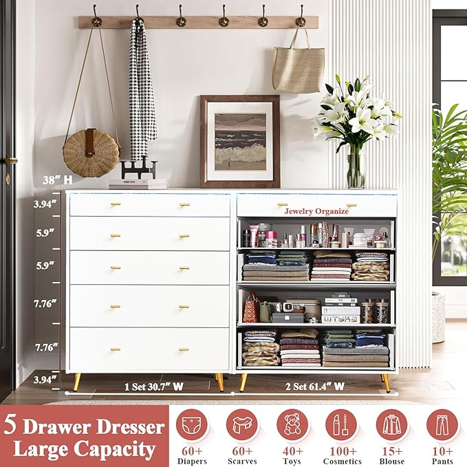 Wardrobe Closet Island with Drawers, Glass Tabletop & LED Lights, Jewelry Dresser Display, Wooden Closet Storage Cabinet for Bedroom Cloakroom Shops, 30.7" W x 15.7" D x 38" H, White
