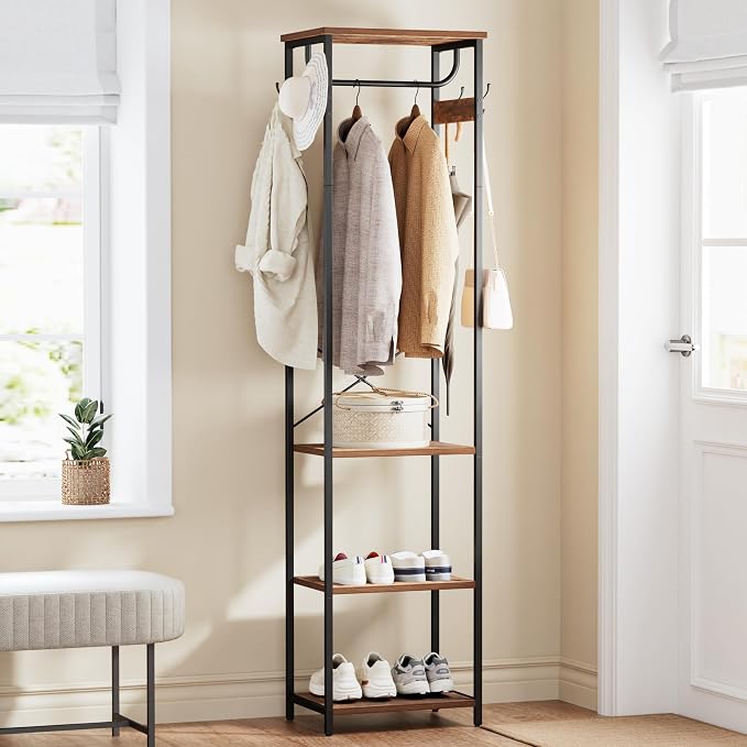 Coat Rack With Hanging Rod, Garment Rack With 3 Wooden Shelves and 4 Hooks, Freestanding Hall Tree, Industrial Clothes Rack Stand Organizer, Rustic Brown and Black - Image 8