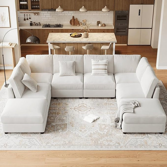 GAOMON Oversized Modular Sectional Sofa, 8 Seater Sectional Couch, 138" U Shaped Sofa with Movable Ottoman, Convertible Modular Couch for Living Room Apartment and Office, Chenille Beige