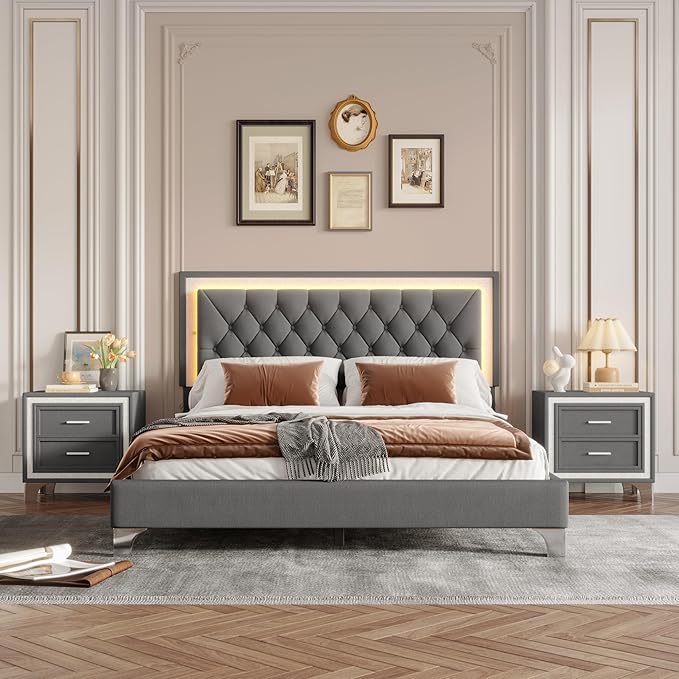 Merax 3 Pieces Bedroom Set, Queen Size Upholstered Platform Bed Frame with LED Lights and 2 Nightstands,Farmhouse Bedroom Furniture Set,Gray