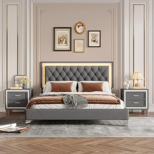 Merax 3 Pieces Bedroom Set, Queen Size Upholstered Platform Bed Frame with LED Lights and 2 Nightstands,Farmhouse Bedroom Furniture Set,Gray