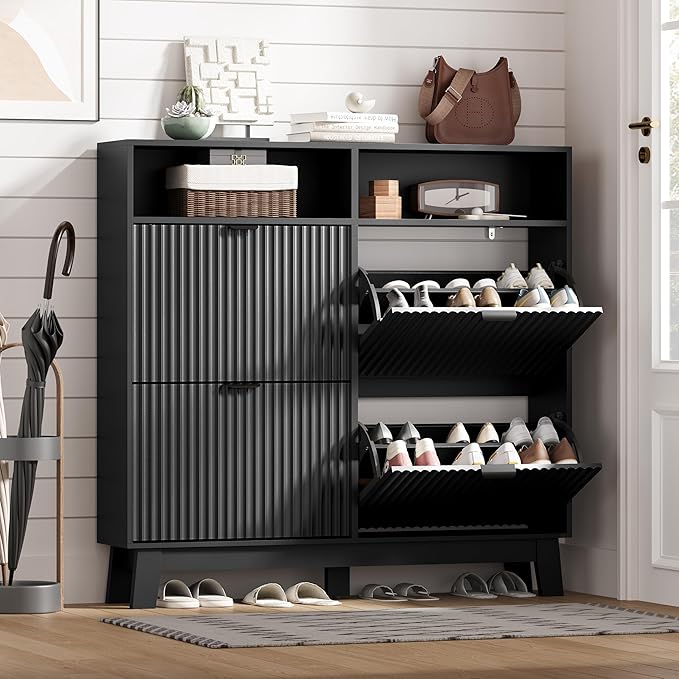 Shoe Cabinet Storage for Entryway with 4 Flip Drawers, Fluted Narrow Shoe Organizer with Wooden Legs & Top Cubby, Freestanding Slim Shoe Storage Hidden Shoe Rack for Front Door Entrance, Black by HUANLEGO