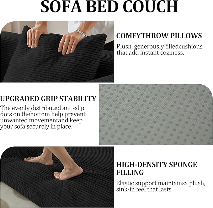 HouseMila 53.15" Boneless Couch,4-in-1 Futon Sofa Bed Modular Loveseat Sleeper Folding Compressed Couch with Pillows,No Assembly Required Convertible Sofa Bed for Living Room Bedroom Guest Room,Black