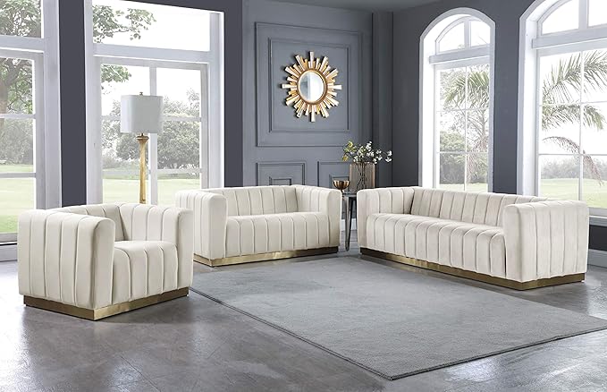 Meridian Furniture 603Cream-L Marlon Collection Modern | Contemporary Velvet Upholstered Loveseat with Deep Channlel Tufting and Brushed Gold Finish, Cream, 62.5" W x 34" D x 28" H