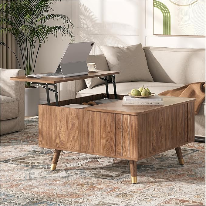 32" Square Lift Top Coffee Table with Storage, Mid Century Modern Walnut Center Table with Rising Desktop for Living Room, Brown Wood Finish