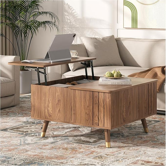 SULIVES Lift Top Coffee Table with Storage,Square Coffee Table with Lifting Top,Modern Center Table with Solid Wood Legs,Small Coffee Tables for Living Room,Walnut