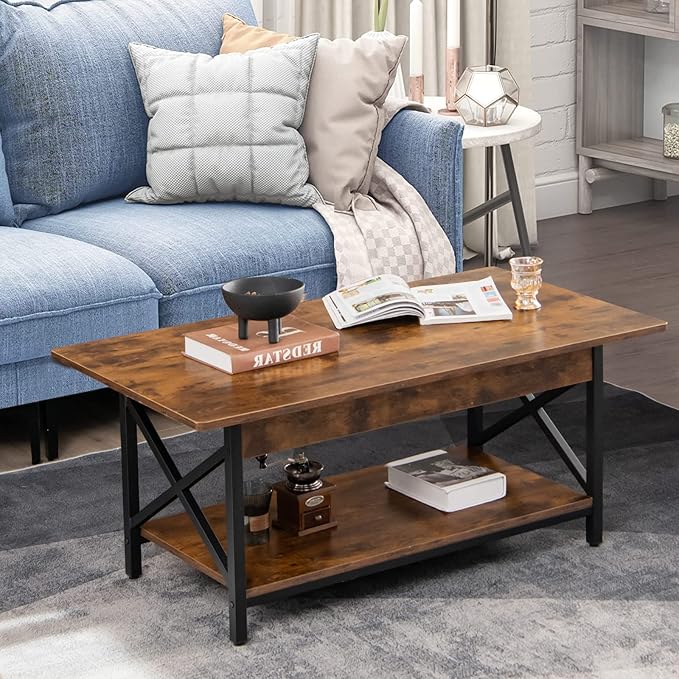 COSTWAY Industrial Coffee Table, 2-Tier Wood Cocktail Tea Table with Storage Shelf and X-Shape Steel Frame, Rectangle Sofa Side Accent Table for Living Room Home Office, Rustic Brown
