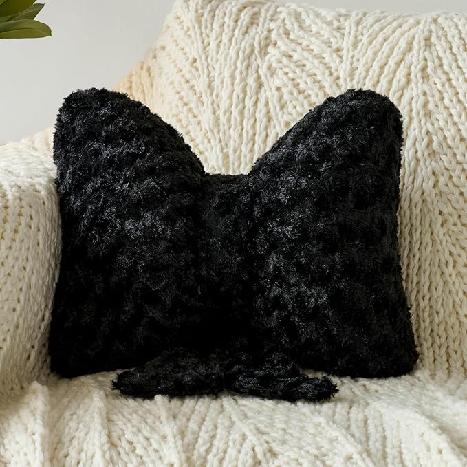 Bow Pillow, Decorative Bow Pillows with Soft Plush for Couch Bed, Bow Shaped Throw Pillow Room Decor for Bedroom, Bow Decorative Pillow for Living Room (Black, Small-12 Inches)