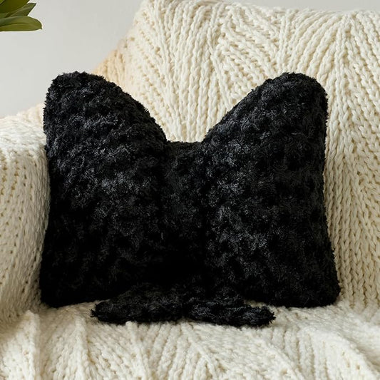 Bow Pillow, Decorative Bow Pillows with Soft Plush for Couch Bed, Bow Shaped Throw Pillow Room Decor for Bedroom, Bow Decorative Pillow for Living Room (Black, Small-12 Inches)
