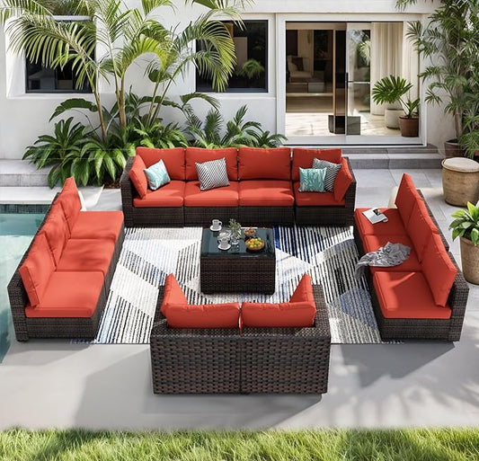 13 Piece Patio Furniture Set All Weather PE Rattan Outdoor Sectional Sofa Couch with No-Slip Cushions and Glass Top Table for Garden, Poolside, Backyard (Red)