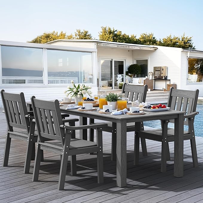 YEFU HIPS Patio Table Set: 5 Piece Outdoor Table and Chairs Dining Furniture Set with Umbrella Hole - Gray Modern Plastic Dining Sets 4 Person for Outside Deck with Metal Aluminum Frame by YEFU