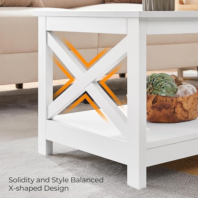 Yaheetech Wood 2-Tier White Coffee Table with Storage Shelf for Living Room, X Design Accent Cocktail Table, Simple Design Home Furniture, 39.5 x 20 x 18 Inches