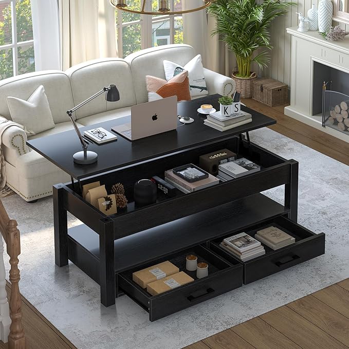 FABATO 41.7'' Lift Top Coffee Table with 2 Storage Drawer Hidden Compartment Open Storage Shelf for Living Room Folding Wood End Table, Black
