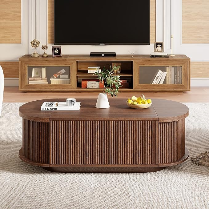 HSH Oval Coffee Table with Storage, 47” Modern Coffee Table with Press Type Door, Fluted Living Room Tables with 2 Flip-Top Hidden Lids, Wood Center Table for Living Room, Office, Walnut