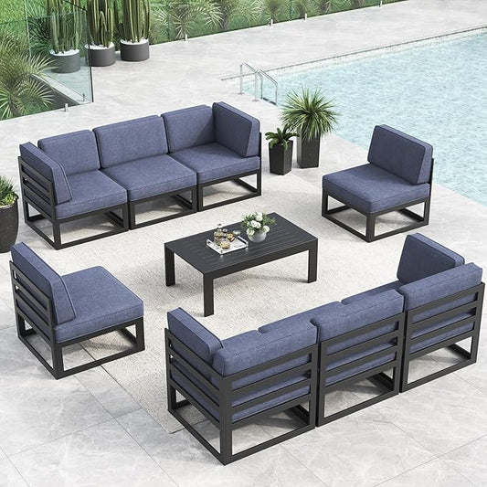 LayinSun Large Aluminum Patio Furniture Set, 9 Pieces Modern Outdoor Conversation Set Sectional Metal Sofa Set with Olefin Cushion