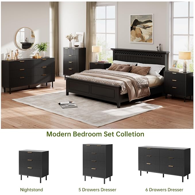 GarveeHome Black Wave Fluted 6 Drawer Dresser, Wide Wood Double Dresser with Metal Legs and Handles, Modern Chest of Drawers with Anti-Tipping Design for Bedroom Living Room Hallway - Image 5