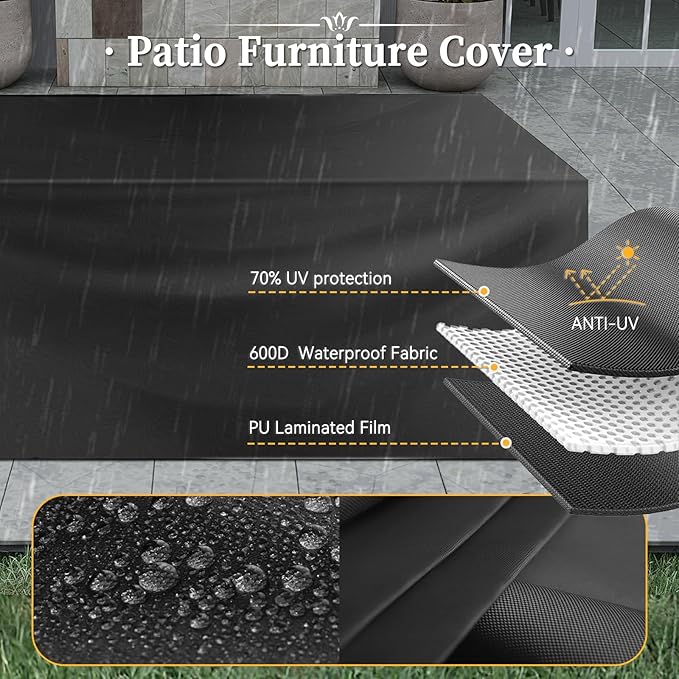 Aoxun 7 Piece Patio Furniture Set with Wide Armrests & 44” Fire Pit Table Wicker Rattan Outdoor Sectional Sofa Set with Coffee Table and Thickened Cushions, Gray/Blck(Waterproof Cover Included)