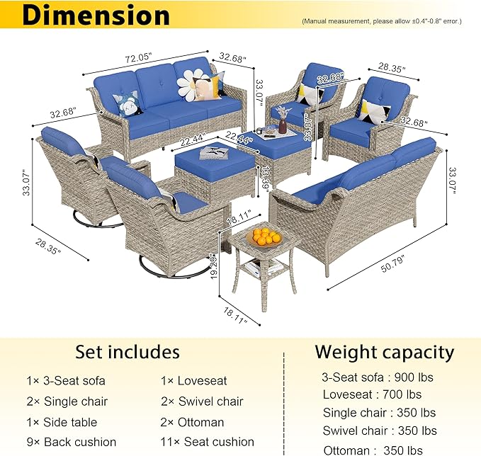 HOOOWOOO 9 Piece Patio Furniture Conversation Sets with Swivel Rocking Chairs,Outdoor Wicker Furniture with Ottoman,All Weather Resistant High Back Rattan Conversational Set(Navy Blue)