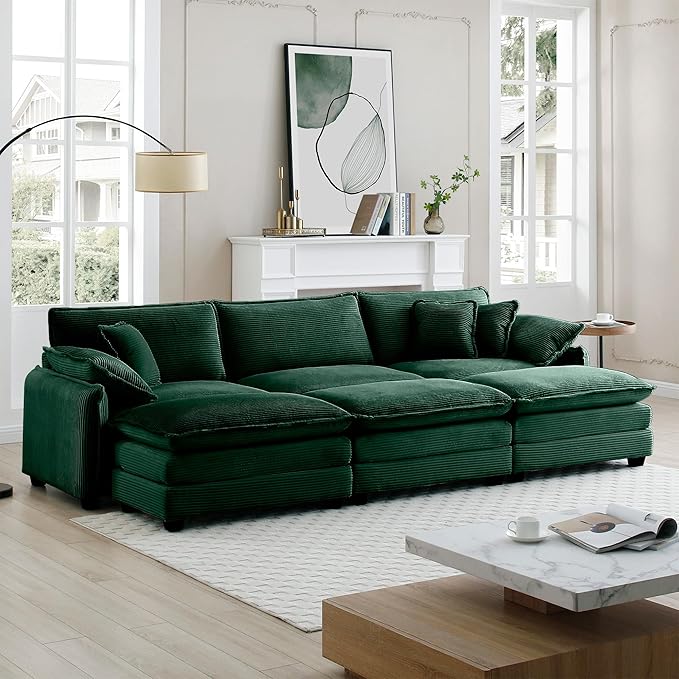 KEIKI 115" Oversized Corduroy Modular Sectional Sofa with 3 Ottoman, High-Density Foam Cushions, Removable Armrests, Upholstered 3-Seater Fluffy Corner Couch with 5 Pillow, for Living Room, Green