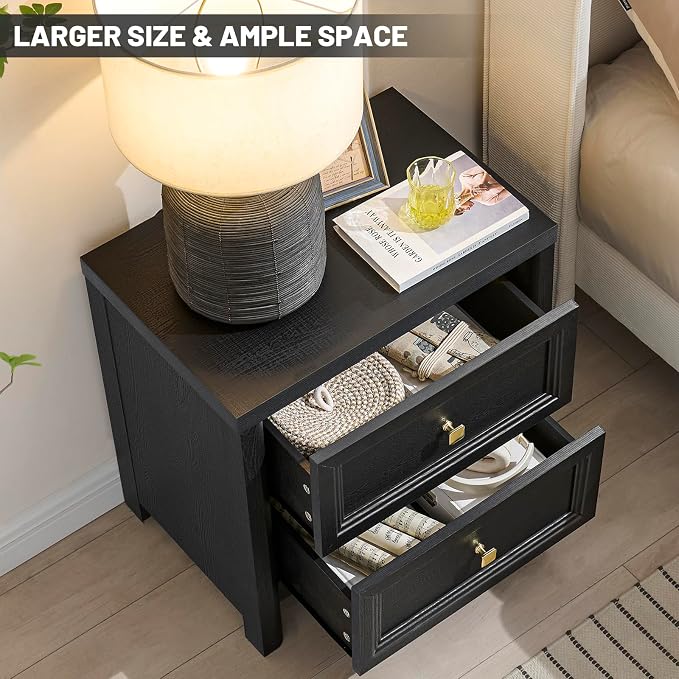 Black Nightstand Set of 2, Farmhouse Night Stand Set 2, Black and Gold Nightstand with 2 Drawers, Wood Bed Side Table for Bedroom, 23.3” Tall Nightstand with Gold Knob, Wooden End Table Sofa Couch - Image 6
