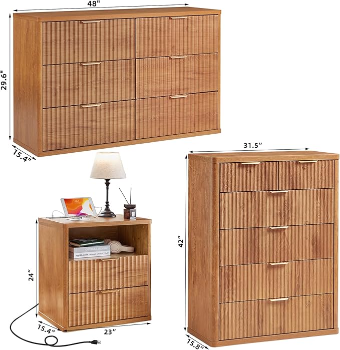 LEYAOYAO Fluted Dressers & Nightstand Set of 3, Wood 48" Wide Dresser & 42" Tall Chest of Drawers,Modern Bedroom Furniture Sets, Brown Wooden Nightstand with 2 Drawers & Charging Station