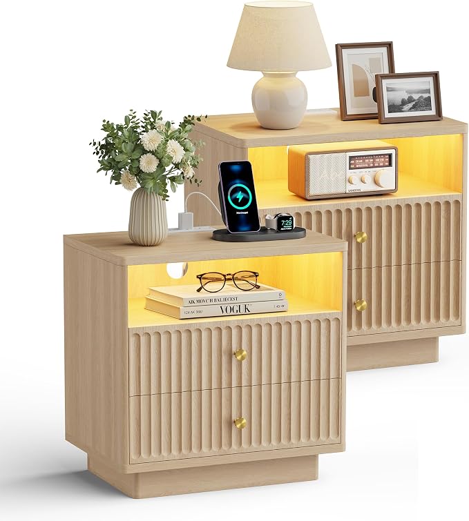PAPROOS 23'' Fluted Nightstand Set of 2 with Charging Station, Modern Bedside Table with Motion Sensor LED Light, 2-Drawer Storage Cabinet for Bedroom & Home Office (2pc Natural Wood) by CalmDesignQuietRefinement