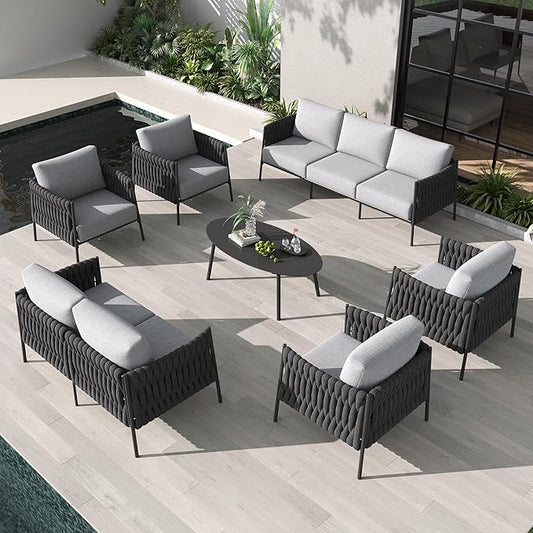 LayinSun 7 Piece Outdoor Furniture Set with Coffee Table, Modern Rope Woven Patio Conversation Sofa Set with Olefin Braid and Deep Seating