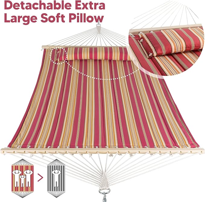 SUNCREAT Double Hammock Quilted Fabric Swing with Spreader Bar, Detachable Pillow, 55” x79” Large Hammock, Red Stripes - Image 3