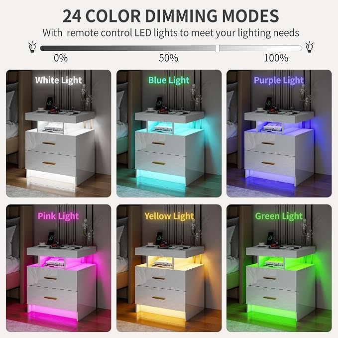 Smart Night Stand with Charging Station, Modern White Nightstand with 24 Color Lights and 2 Drawers, LED Bedside Tables with Auto Senor,High Gloss End Table for Bedroom - Image 3