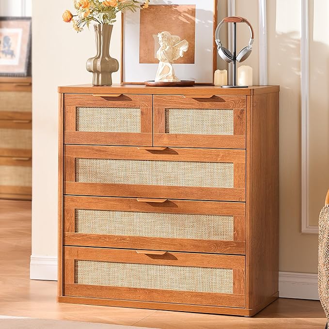 LEYAOYAO Rattan Dresser for Bedroom, 33.5" Tall Chest of Drawers, Modern 5 Drawers Boho Dressers with Storage, Vintage Brown Dresser Wooden Closet Organizer for Living Room, Hallway - Image 8
