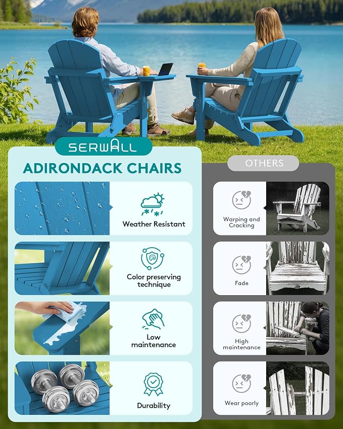 SERWALL Folding Adirondack Chair with 4 in 1 Multi-Functional Cup Holder, Wood Texture Adirondack Chairs for Patio Garden Outdoors, All-Weather Plastic Fire Pit Chairs - Sapphire - Image 7