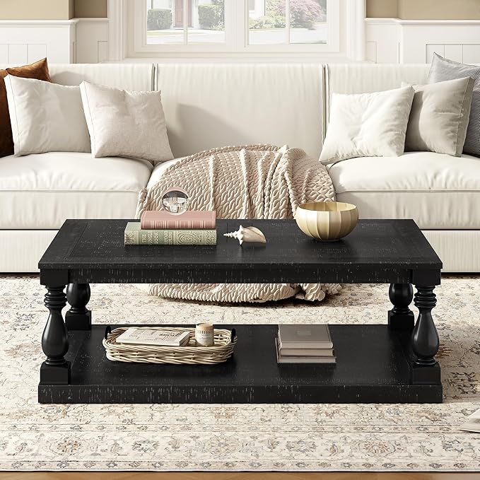 P PURLOVE Solid Wood Coffee Table,Modern Farmhouse Coffee Table/Center Table with Storage Rectangle for Living Room,Black