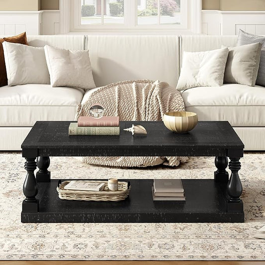 P PURLOVE Solid Wood Coffee Table,Modern Farmhouse Coffee Table/Center Table with Storage Rectangle for Living Room,Black