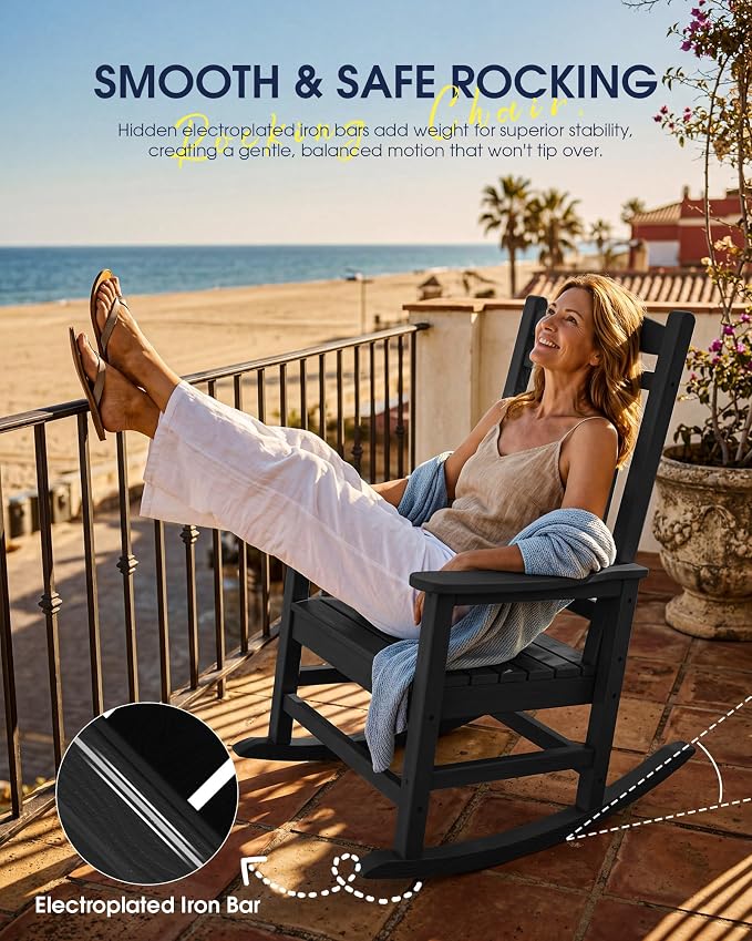KINGYES Oversized Outdoor Rocking Chair Set of 2, High Density Polyethylene Patio Rocking Chairs with 330lbs Support for Adults, Black - Image 9