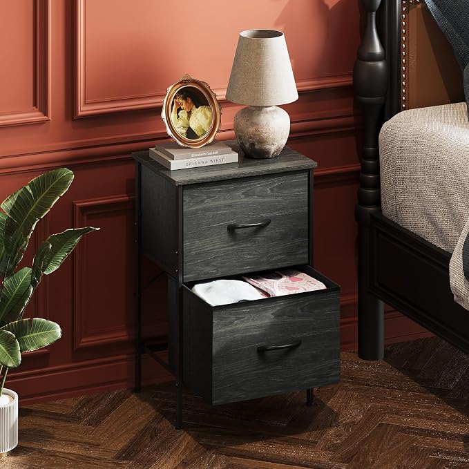 WLIVE Nightstand, Nightstand with 2 Drawers, Bedside Furniture, Night Stand, Small Dresser for Bedroom, College Dorm, End Table with Fabric Bins, Dormitory, Charcoal Black Wood Grain Print - Image 2
