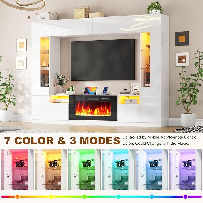107" Wall Unit Entertainment Center with 40" Electric Fireplace & Bookshelves, Modern High Glossy TV Stand with Storage Shelves & Bridge Cabinet & LED Lights, Media Console for Living Room,White - Image 2
