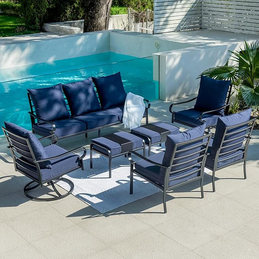 7 Piece Patio Furniture Set, Metal Patio Conversation Set with 1x3 Seater Sofa & 2xFixed Chairs & 2xSwivel Chairs & 2xOttomans, 5.75'' Extra Thick Cushion for Lawn Garden Backyard, Navy Blue