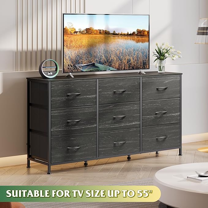 WLIVE 47''W Dresser for Bedroom, Black Dresser TV Stand for 45, 50, 55 inch TV, Wide Chest of Drawers with 9 Drawer, Large Entertainment Center, Fabric Dressers with Wood Top for Closet, Living Room - Image 4