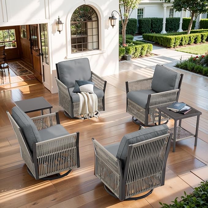 6 Piece Wicker Patio Furniture Set with Side Table, Outdoor Swivel Rocker Chairs Set of 4 with Glass Side Tables Set of 2, Patio Conversation Set for Casual Gathering (Grey)