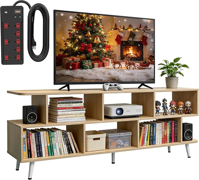 Lightdot 65" TV Stand Fits TVs Up to 75 Inch, Modern Entertainment Center with Power Outlet & Open Storage Shelves, Sofa Cabinet Media Console, Easy Assembly TV Table for Living Room,Bedroom,Walnut by LightdotLighting