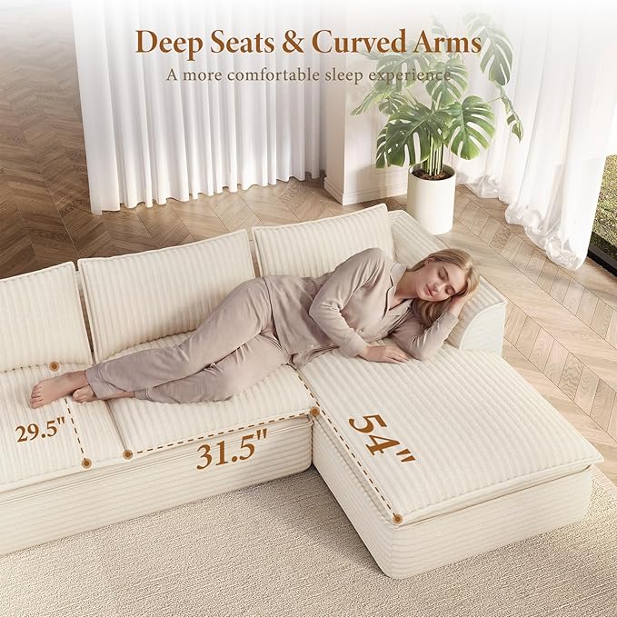 Vesgantti 141.7" Oversized Sectional Boneless Couch, 7 Seater Modular Sofa with Chaise & Ottoman & Armrest, Deep Seat Plush Corduroy Cloud Couches for Living Room, No Assembly Required, Beige