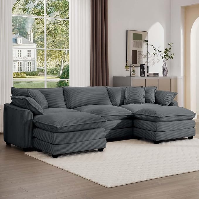 KEIKI 115" U-Shaped Oversized Corduroy Modular Sectional Sofa with 2 Ottoman, High-Density Foam Cushions, Removable Armrests, Upholstered 3-Seater Corner Couch with 5 Pillow, for Living Room, Grey