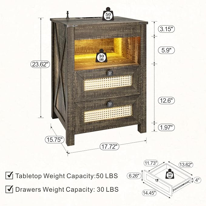 FREDEES Rustic Nightstand with Gun Drawer, End Table with Charging Station, LED Bedside Table with Human Sensor Light, Rattan Night Stand for Bedroom, Brown - Image 2