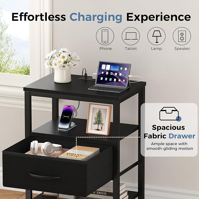 DUMOS Nightstand Set of 2 with Wireless Charging Station Bed Side Tables with Adjustable Fabric Drawers 3-Tier Storage End Tables Modern Design,Black - Image 5