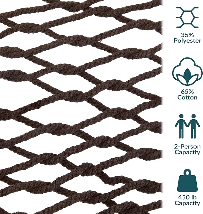 Sunnydaze Cotton Rope Hammock for Outside - 450-Pound Capacity Indoor or Outdoor Hammock with Spreader Bars - Brown - Image 3