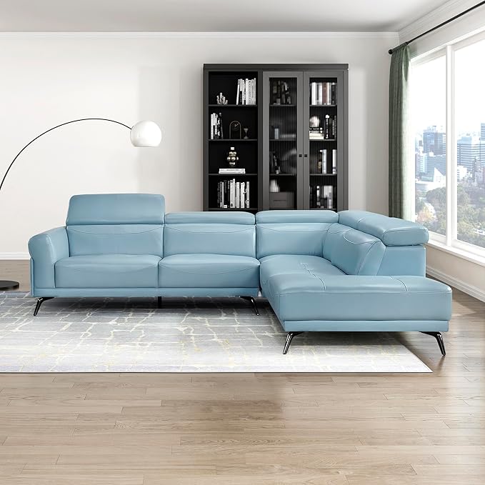 Lexicon L-Shaped Sectional Couch with Right Chaise, Top Grain Leather Match Sectional Sofa, Adjustable Headrests, Black Chrome Metal Legs, High-Density Cushions, Stitching, for Living Room, Blue